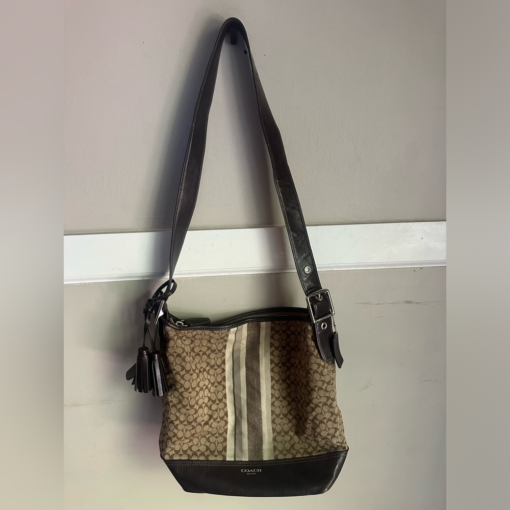 Coach Brown Signature Stripe Shoulder Bag with Cream Accent